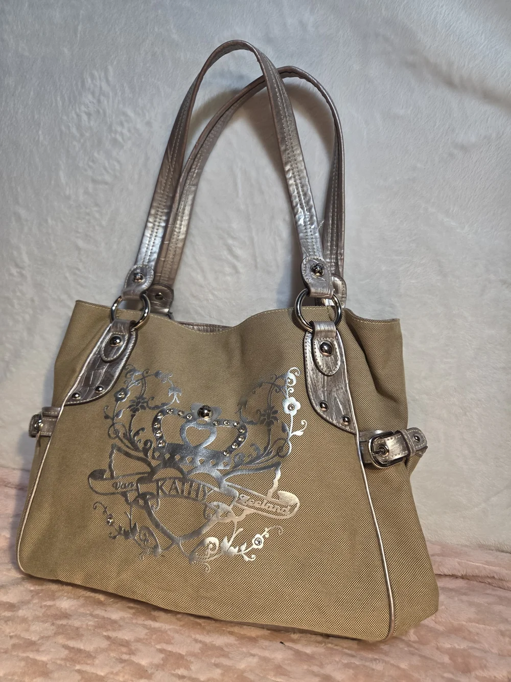 Canvas Tote Bag in Beige with Silver Accents